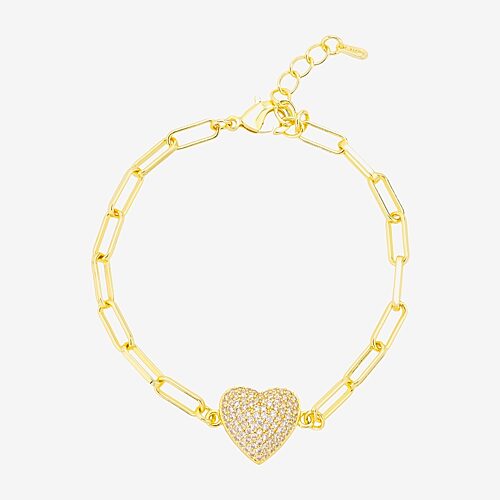 Disney Classics Womens 14k Gold Over Brass 9 3/4 Inch Semisolid Paperclip Heart Chain Bracelet In Yellow