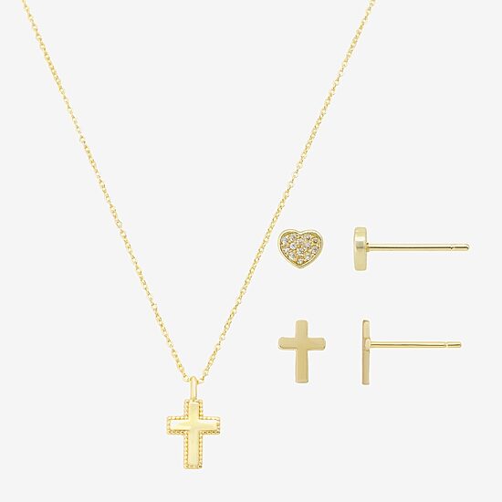 Gratitude & Grace Unisex Cubic Zirconia 14K Gold Over Brass Cross 3-pc. Necklace Set