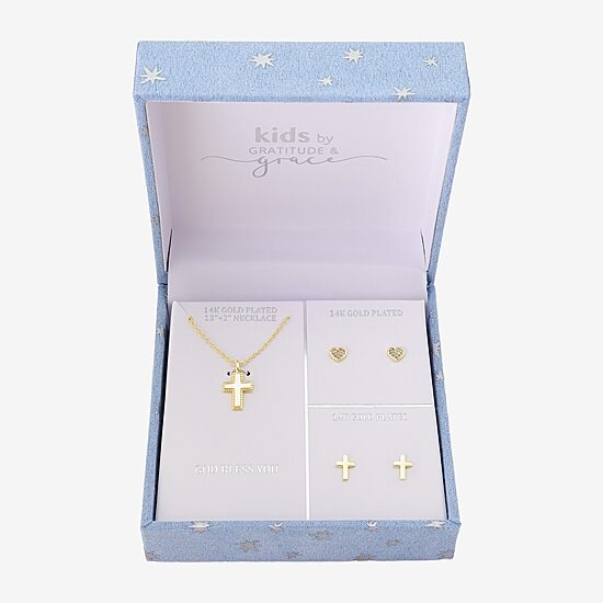 Gratitude & Grace Unisex Cubic Zirconia 14K Gold Over Brass Cross 3-pc. Necklace Set