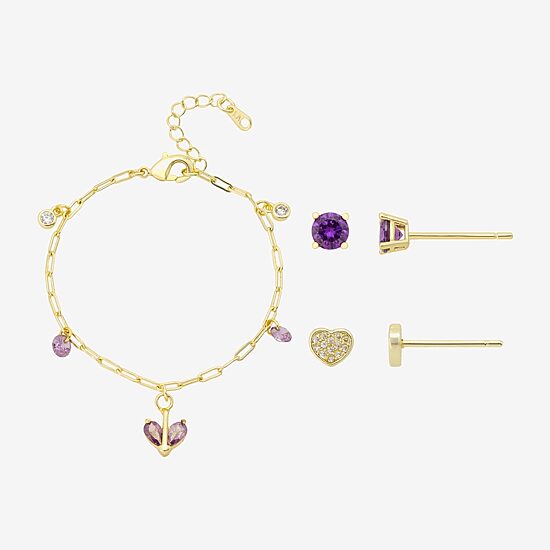 Gratitude & Grace Unisex Purple Cubic Zirconia 14K Gold Over Brass Heart 3-pc. Jewelry Set