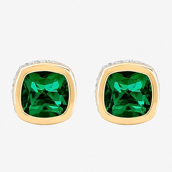 (I-J / I2-I3) Simulated Green Emerald 14K Gold Over Silver 6.6mm Cushion Stud Earrings
