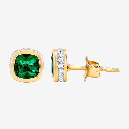 (I-J / I2-I3) Simulated Green Emerald 14K Gold Over Silver 6.6mm Cushion Stud Earrings