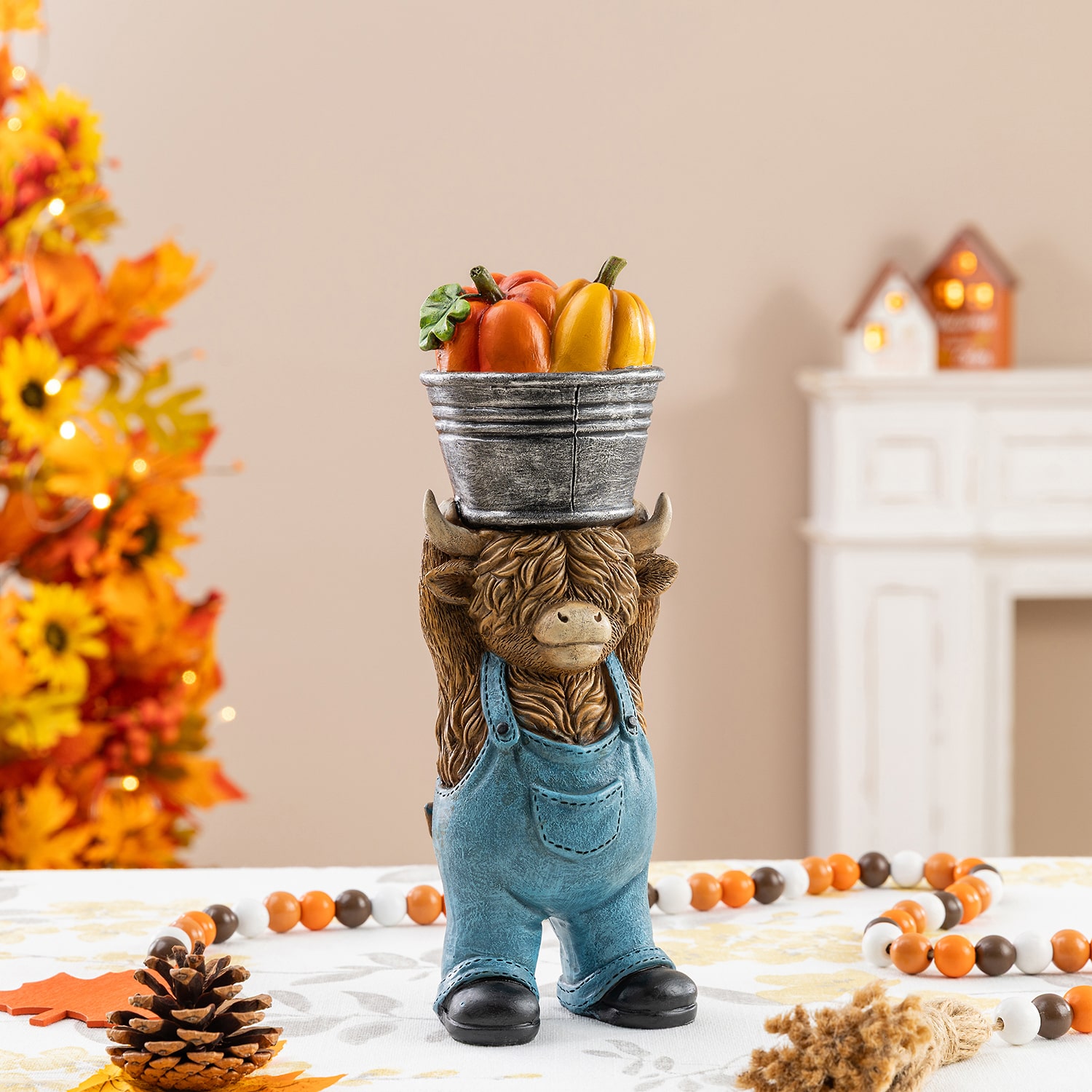 Glitzhome 11" Resin Highland Cow Thanksgiving Tabletop Decor