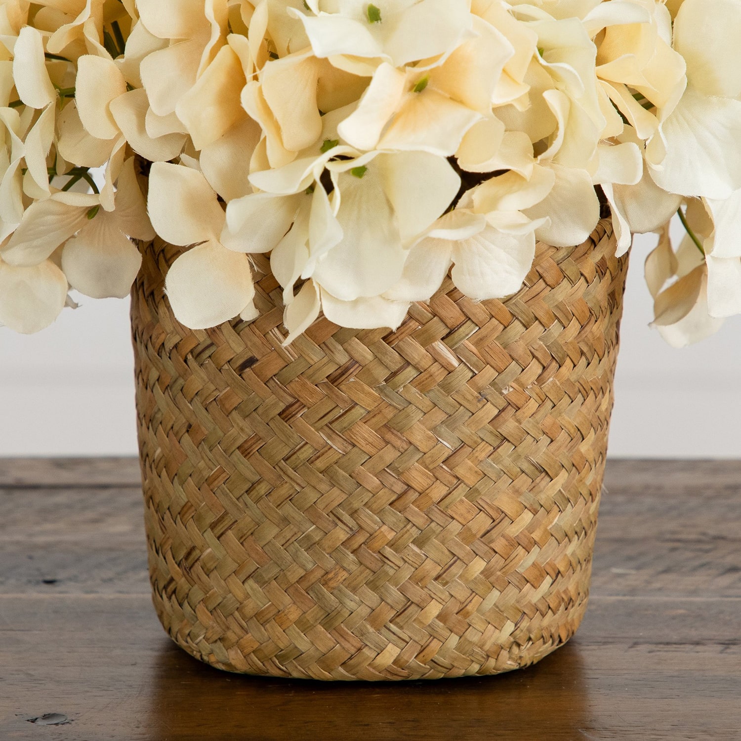 Nearly Natural 11" Cream Hydrangea Woven Basket Artificial Flowers