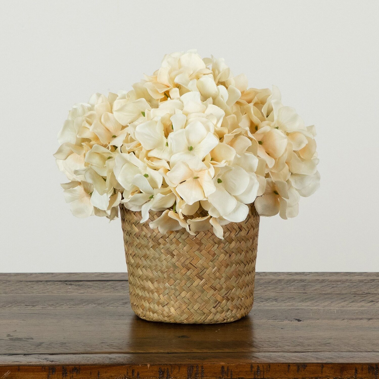 Nearly Natural 11" Cream Hydrangea Woven Basket Artificial Flowers