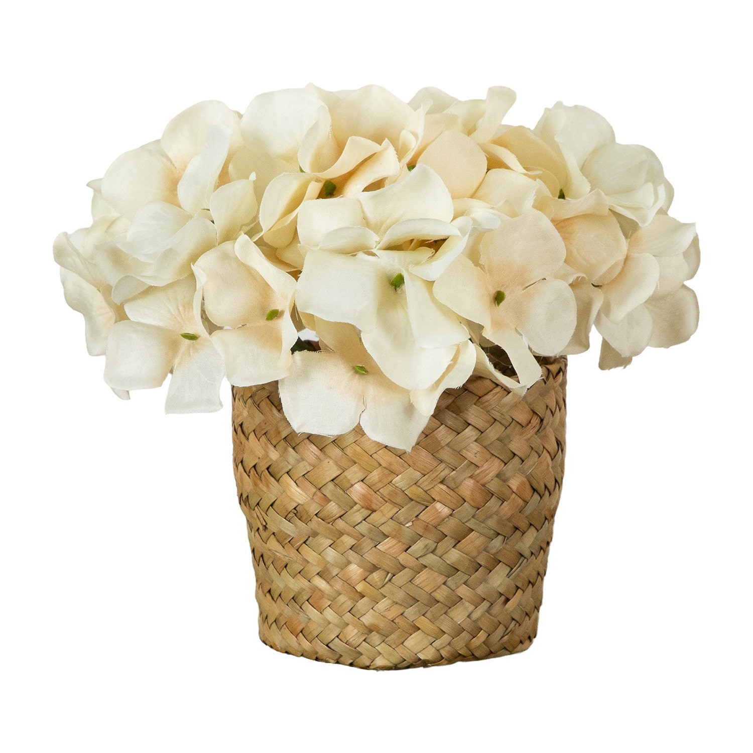 Nearly Natural 7" Cream Hydrangea Woven Basket Artificial Flowers