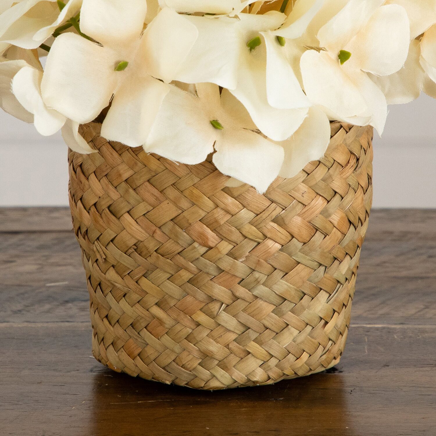 Nearly Natural 7" Cream Hydrangea Woven Basket Artificial Flowers