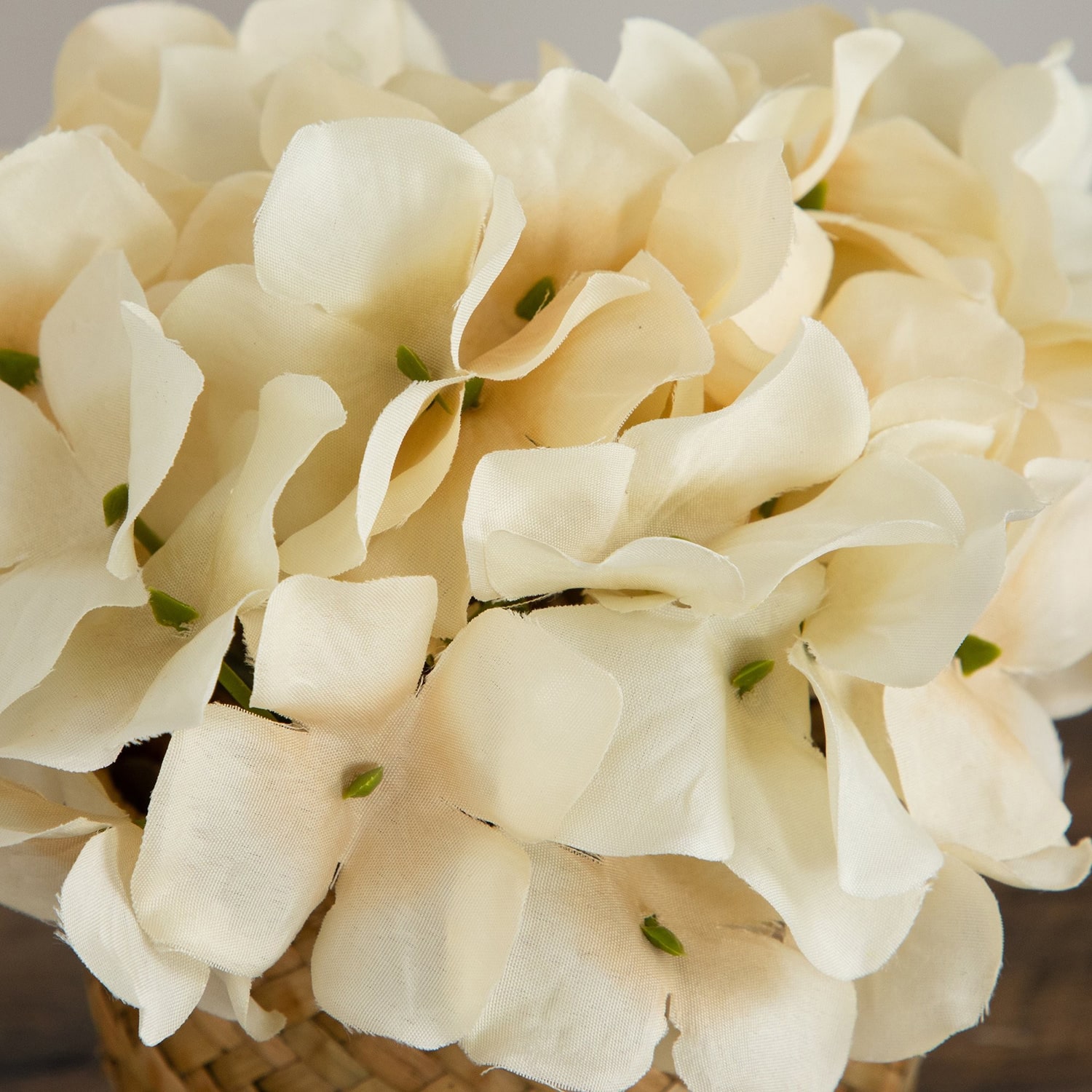 Nearly Natural 7" Cream Hydrangea Woven Basket Artificial Flowers