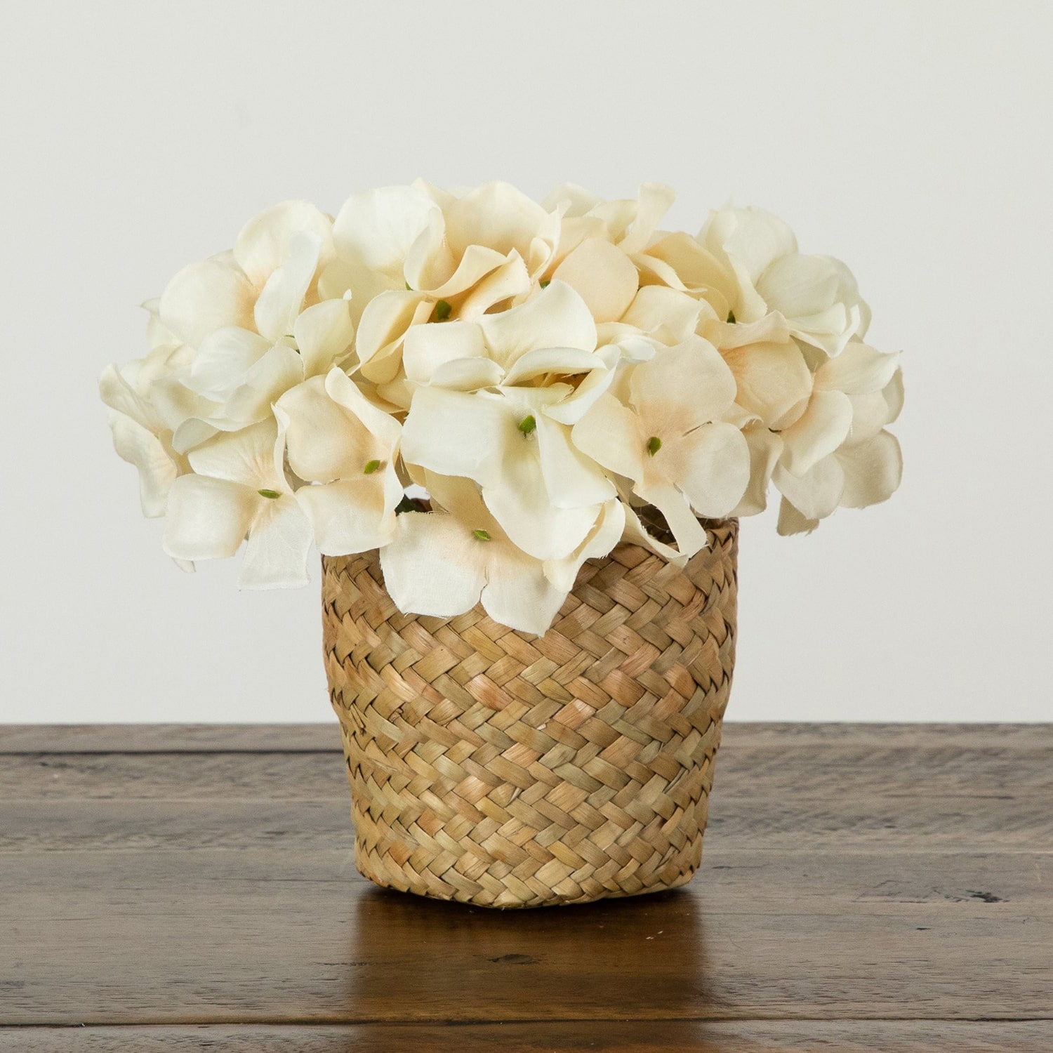 Nearly Natural 7" Cream Hydrangea Woven Basket Artificial Flowers