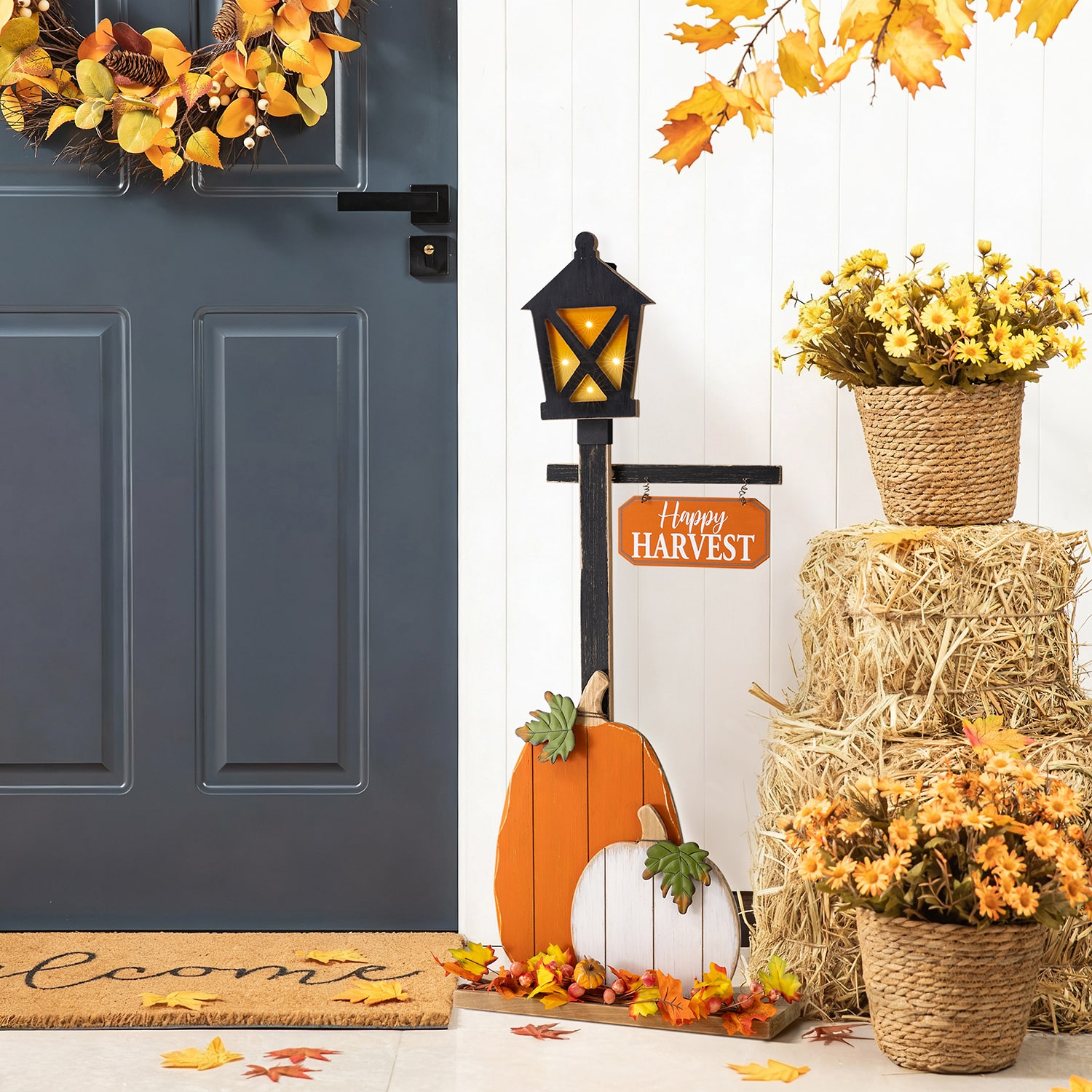 Glitzhome 36" Wooden Pumpkin Lamp Post Porch Sign