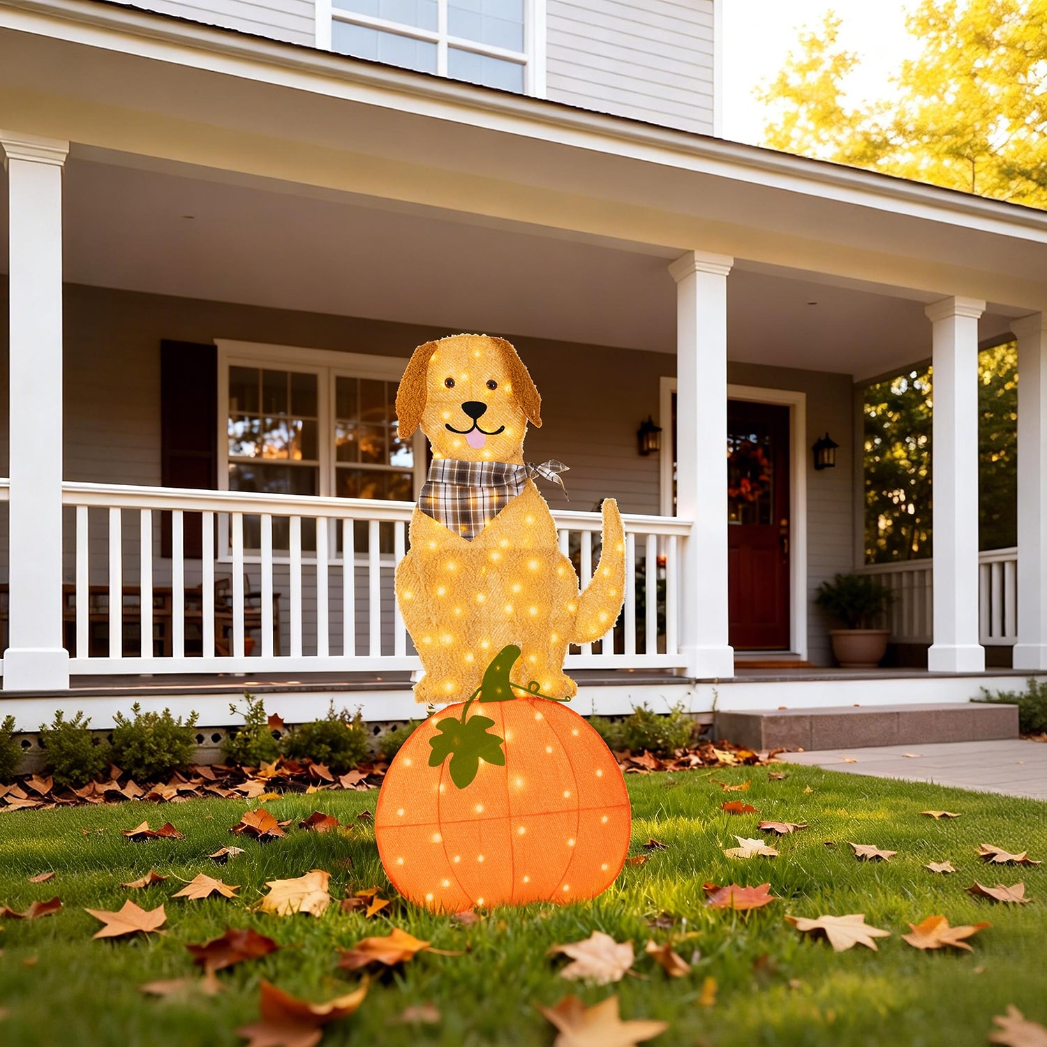 Glitzhome 47" Labrador On Pumpkin Thanksgiving Yard Art