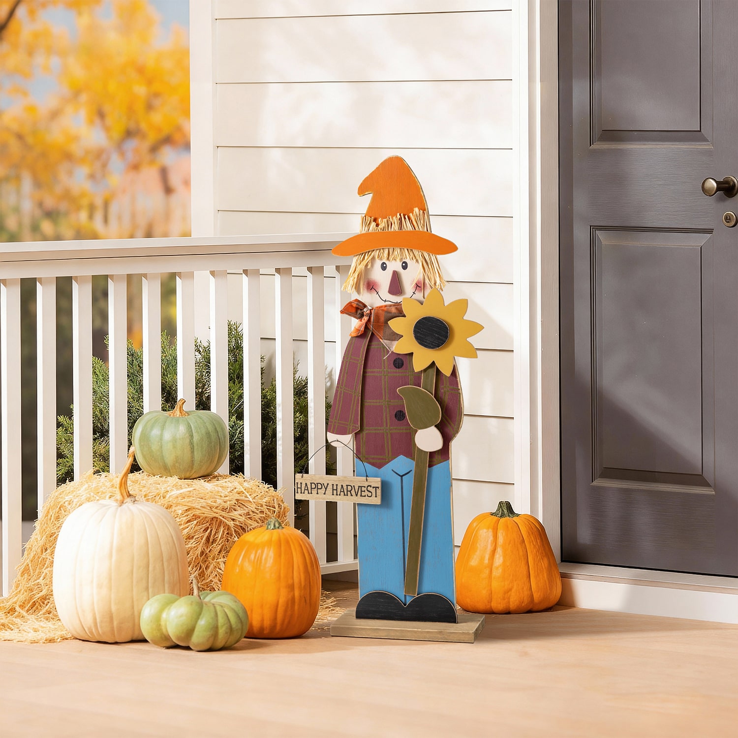 Glitzhome 36" Solid Wood Scarecrow Thanksgiving Porch Sign