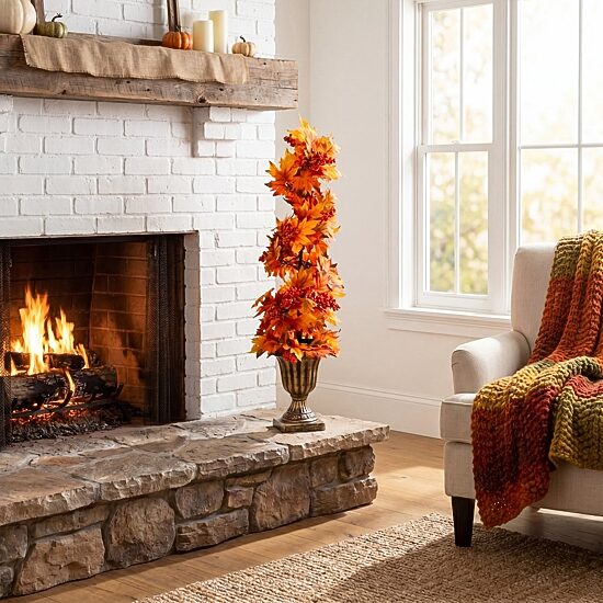 Nearly Natural 3ft Maple Spiral Berries Decorative Thanksgiving Topiary