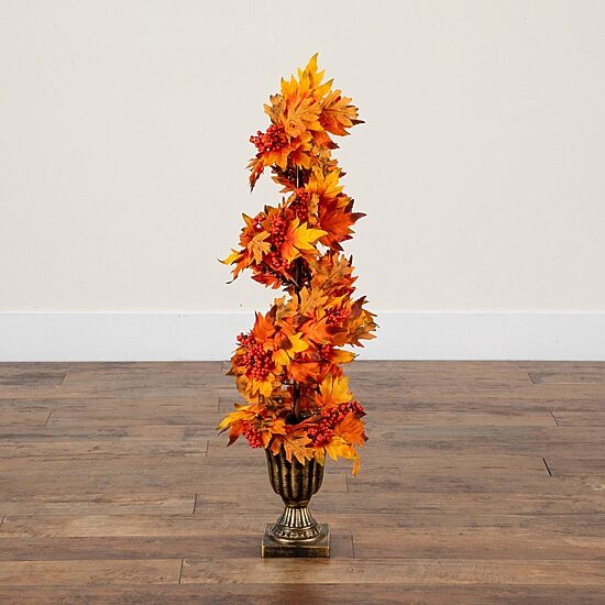Nearly Natural 3ft Maple Spiral Berries Decorative Thanksgiving Topiary