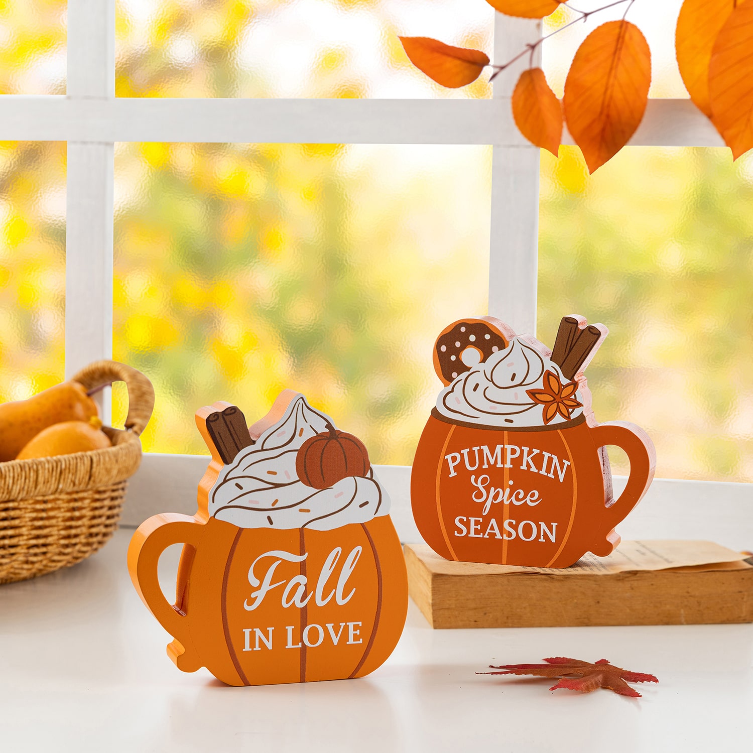 Glitzhome Wood Pumpkin Coffee Mug 2-pc. Thanksgiving Tabletop Decor