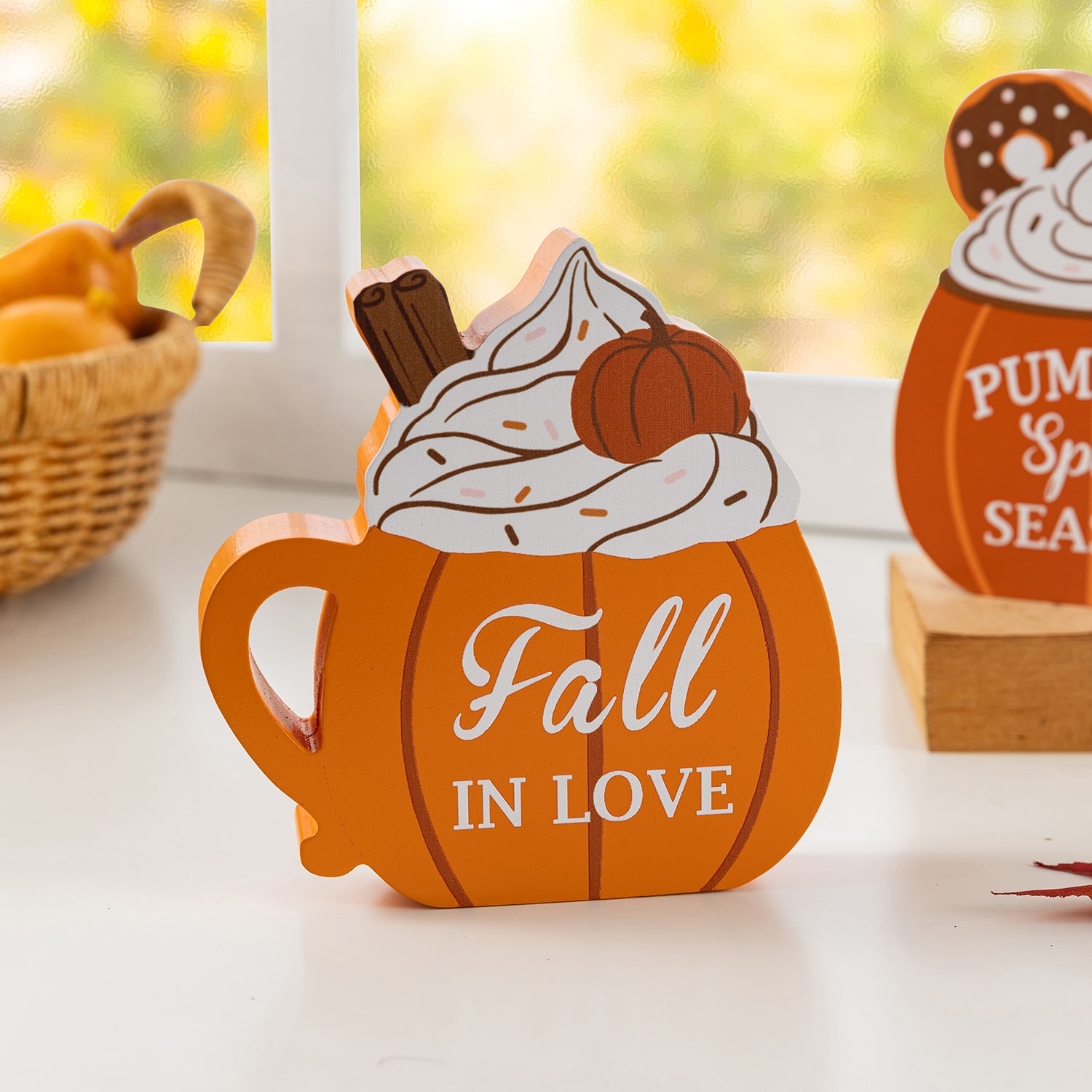 Glitzhome Wood Pumpkin Coffee Mug 2-pc. Thanksgiving Tabletop Decor