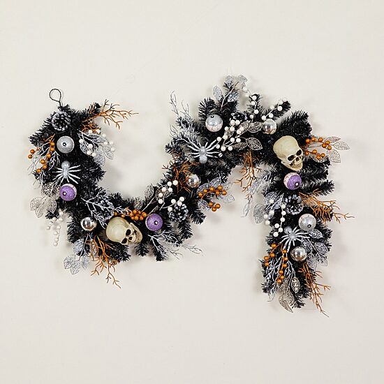 Nearly Natural 6ft Black Skulls Eyeballs Spiders Indoor Garland