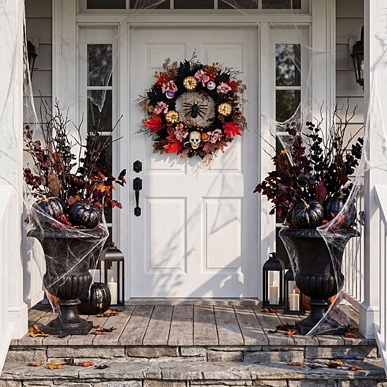 Nearly Natural 24" Skulls Spiders Pumpkins Wreath