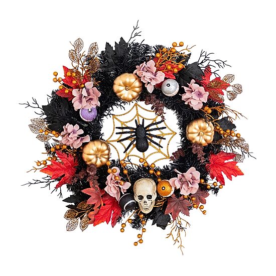 Nearly Natural 24" Skulls Spiders Pumpkins Wreath
