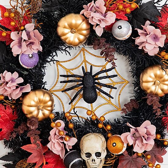 Nearly Natural 24" Skulls Spiders Pumpkins Wreath