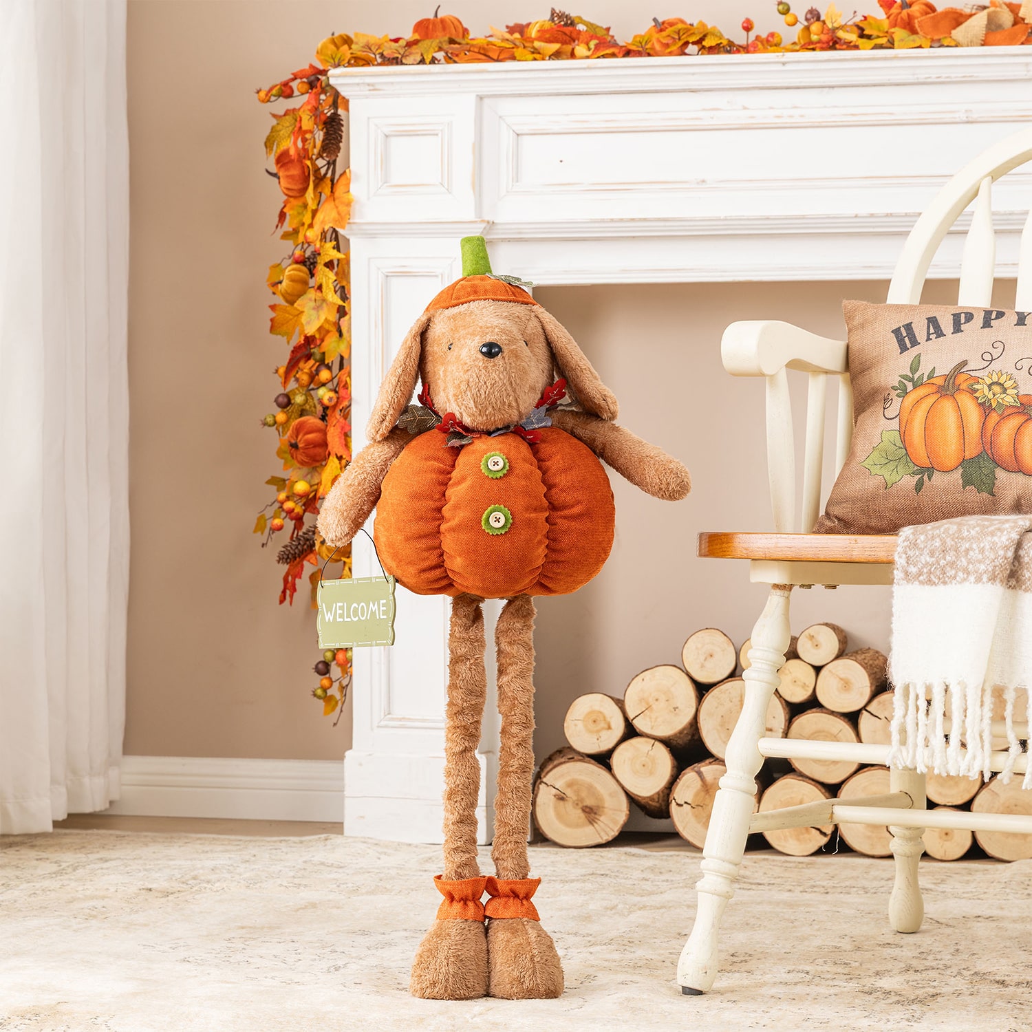 Glitzhome 29" Fabric Pumpkin Dog Thanksgiving Tabletop Decor