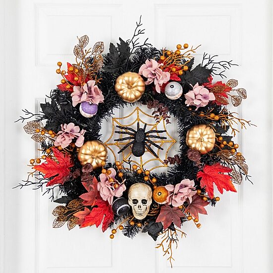 Nearly Natural 24" Skulls Spiders Pumpkins Wreath