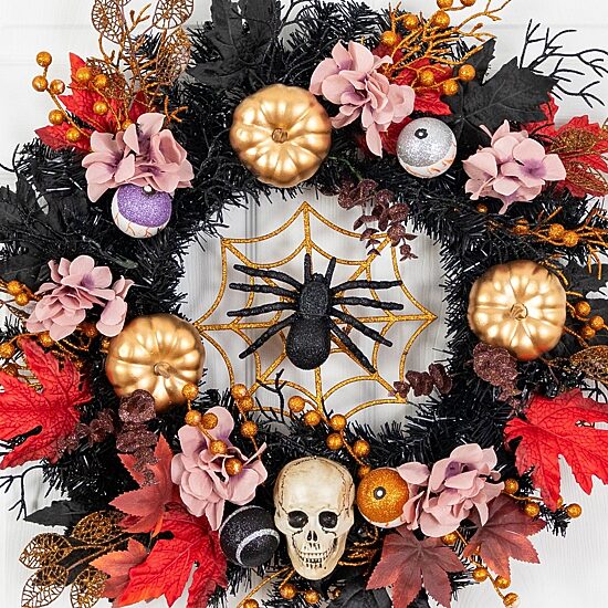 Nearly Natural 24" Skulls Spiders Pumpkins Wreath