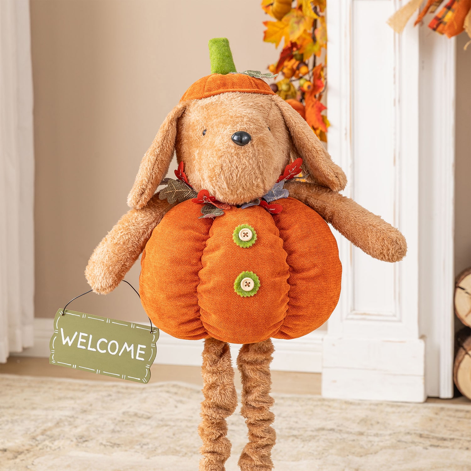 Glitzhome 29" Fabric Pumpkin Dog Thanksgiving Tabletop Decor