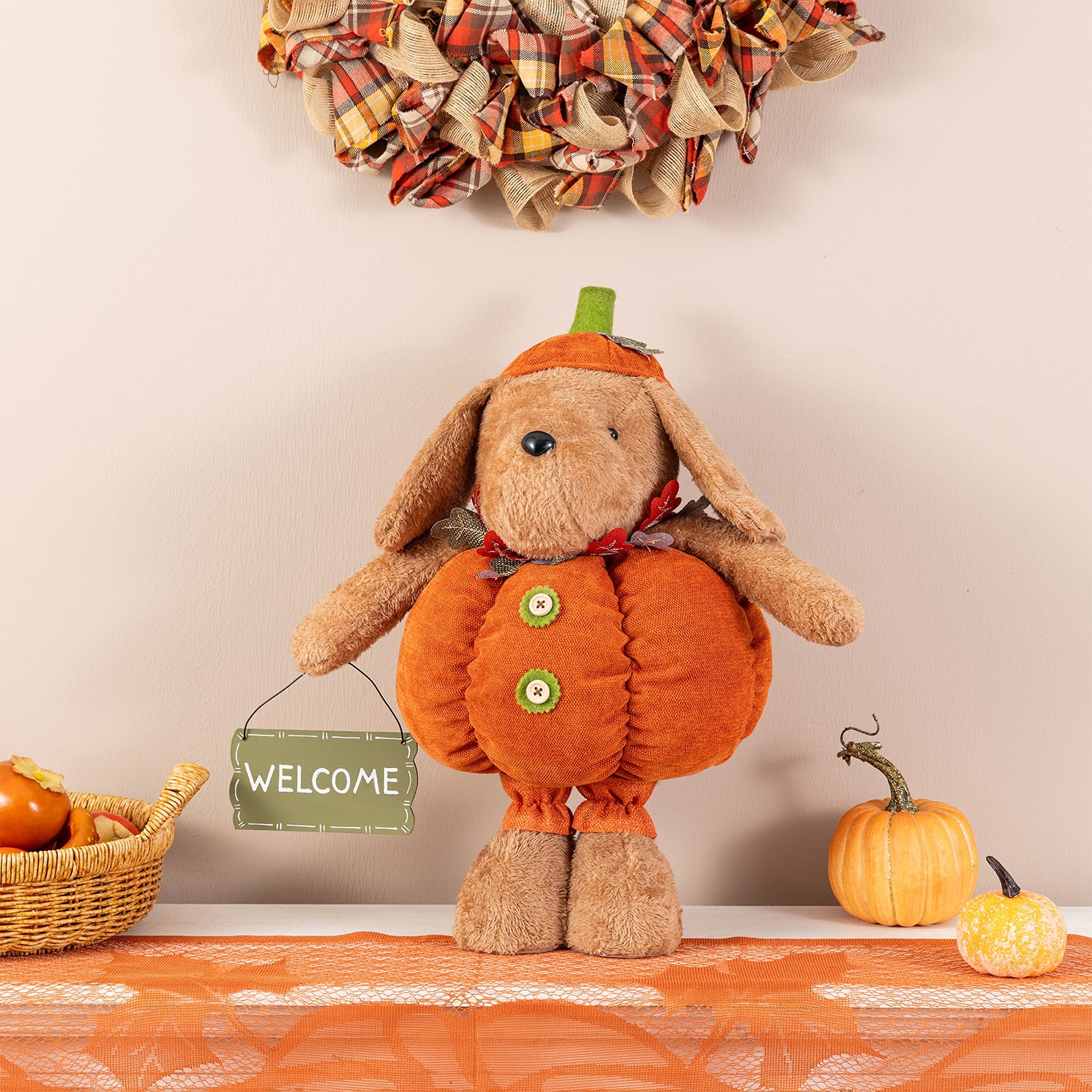 Glitzhome 29" Fabric Pumpkin Dog Thanksgiving Tabletop Decor