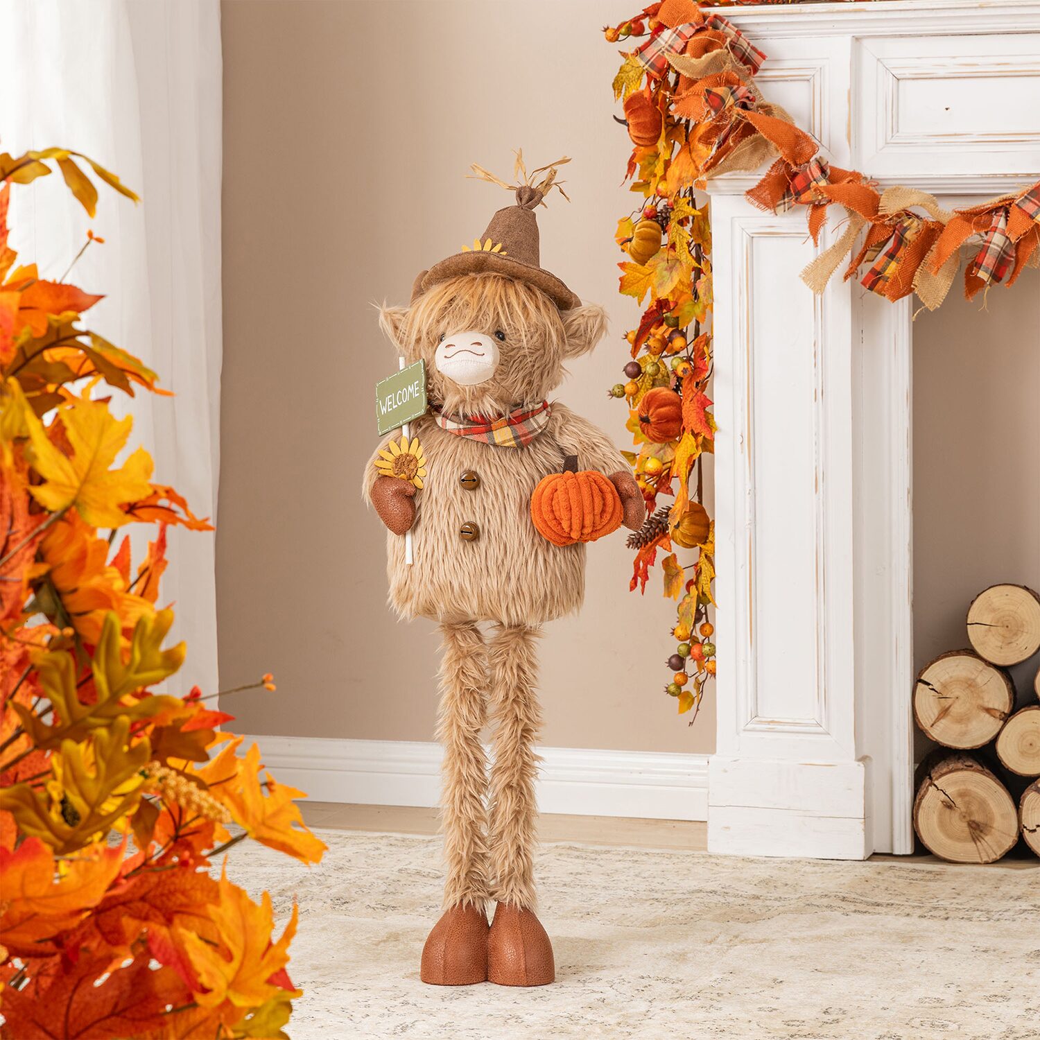 Glitzhome 35" Fabric Highland Cow Thanksgiving Tabletop Decor