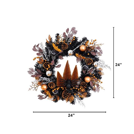 Nearly Natural 24" Black Mixed Foliage Bats Pinecones Wreath