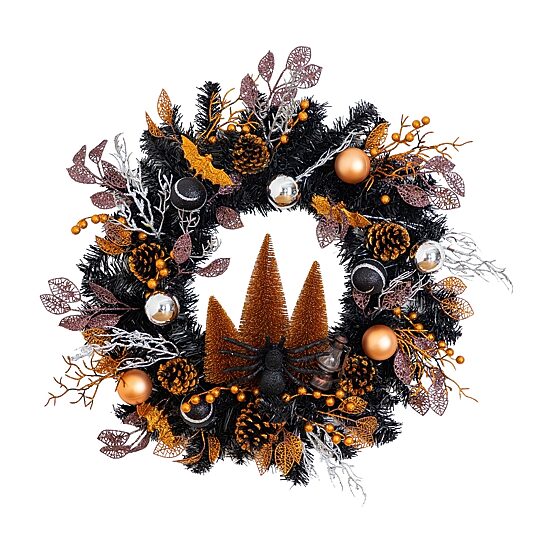 Nearly Natural 24" Black Mixed Foliage Bats Pinecones Wreath