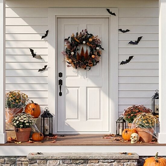 Nearly Natural 24" Black Mixed Foliage Bats Pinecones Wreath