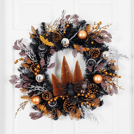 Nearly Natural 24" Black Mixed Foliage Bats Pinecones Wreath