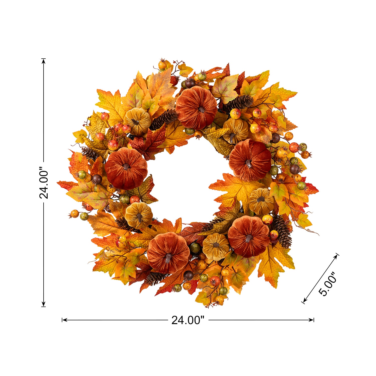 Glitzhome 24" Velvet Pumpkin Pinecone And Berry Wreath
