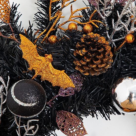 Nearly Natural 24" Black Mixed Foliage Bats Pinecones Wreath