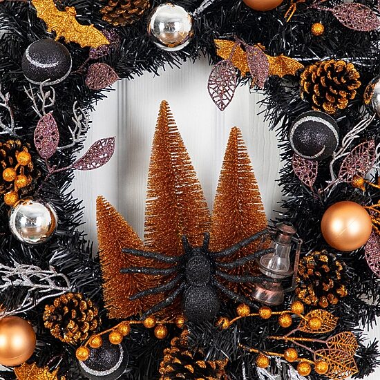 Nearly Natural 24" Black Mixed Foliage Bats Pinecones Wreath