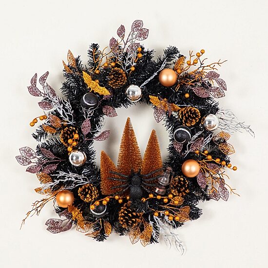 Nearly Natural 24" Black Mixed Foliage Bats Pinecones Wreath