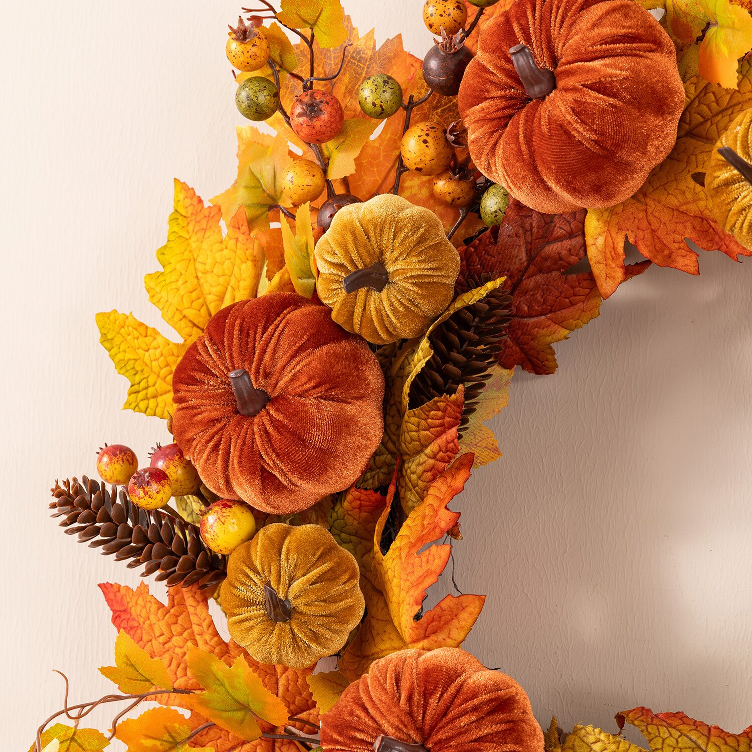 Glitzhome 24" Velvet Pumpkin Pinecone And Berry Wreath