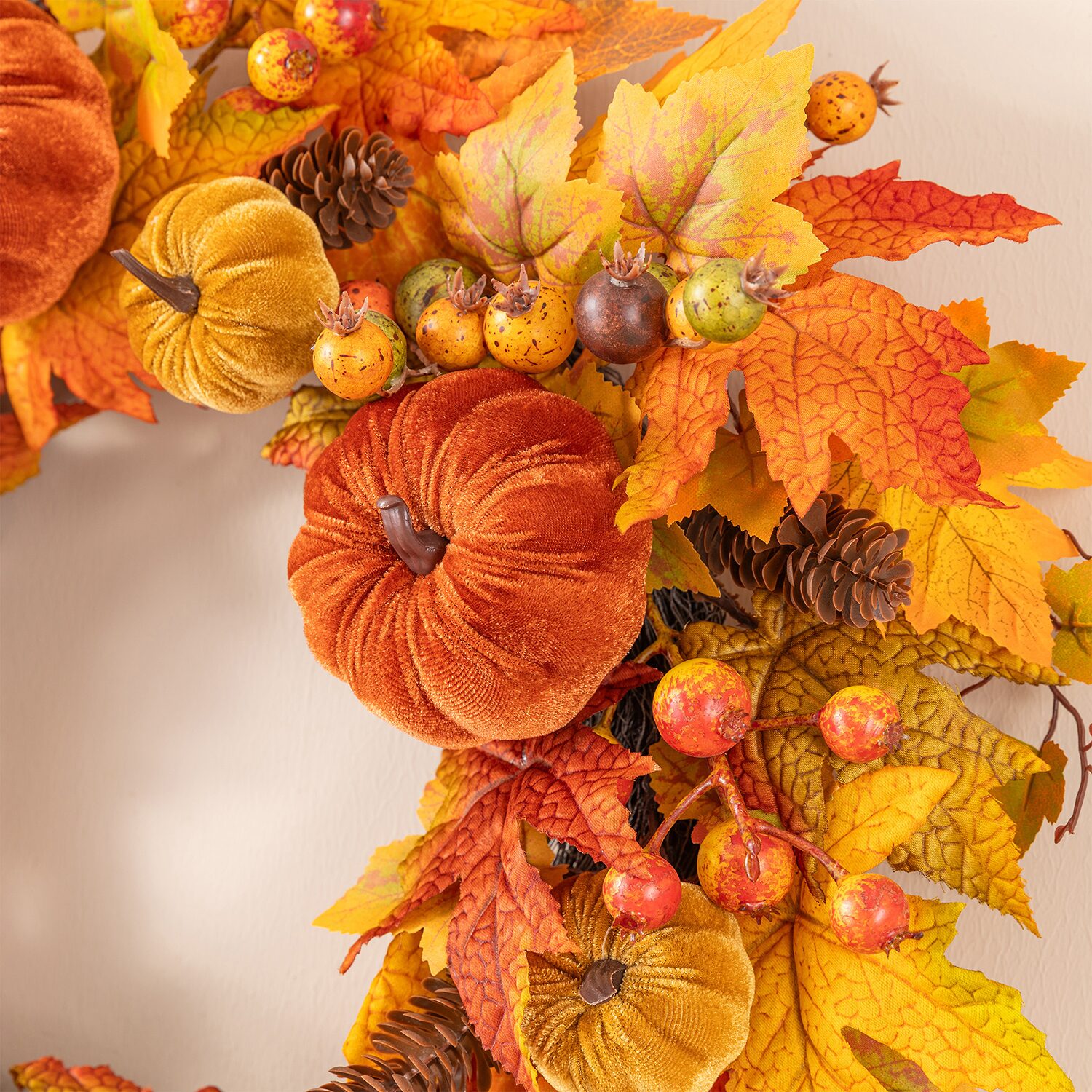 Glitzhome 24" Velvet Pumpkin Pinecone And Berry Wreath