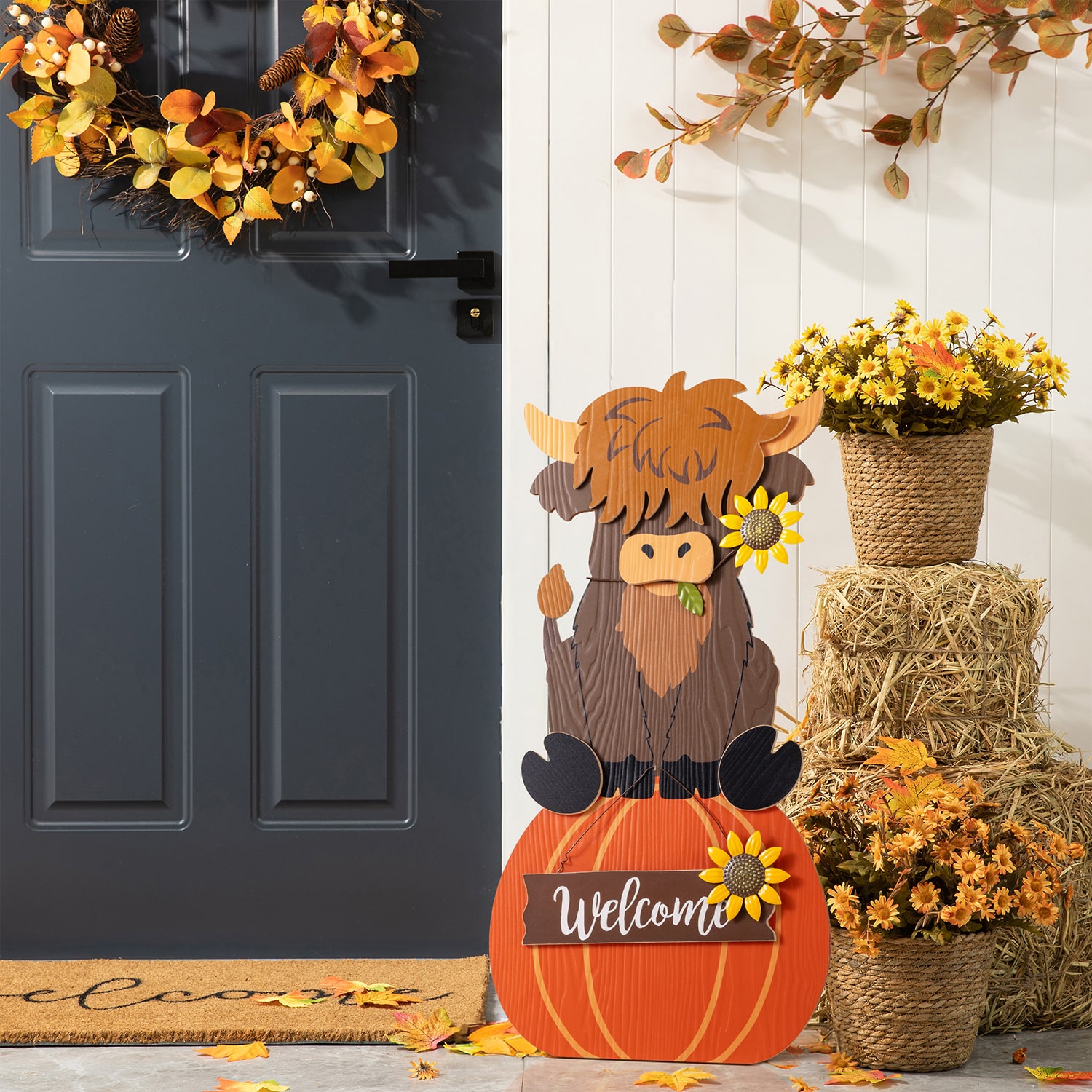 Glitzhome 30" Wood Highland Cow Thanksgiving Porch Sign
