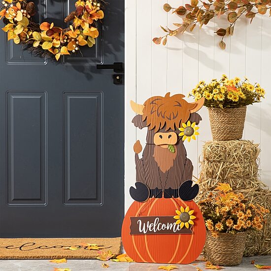 Glitzhome 30" Wood Highland Cow Porch Sign