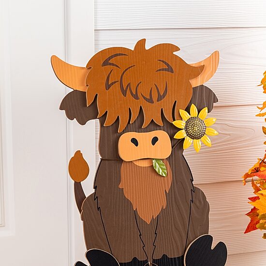 Glitzhome 30" Wood Highland Cow Porch Sign