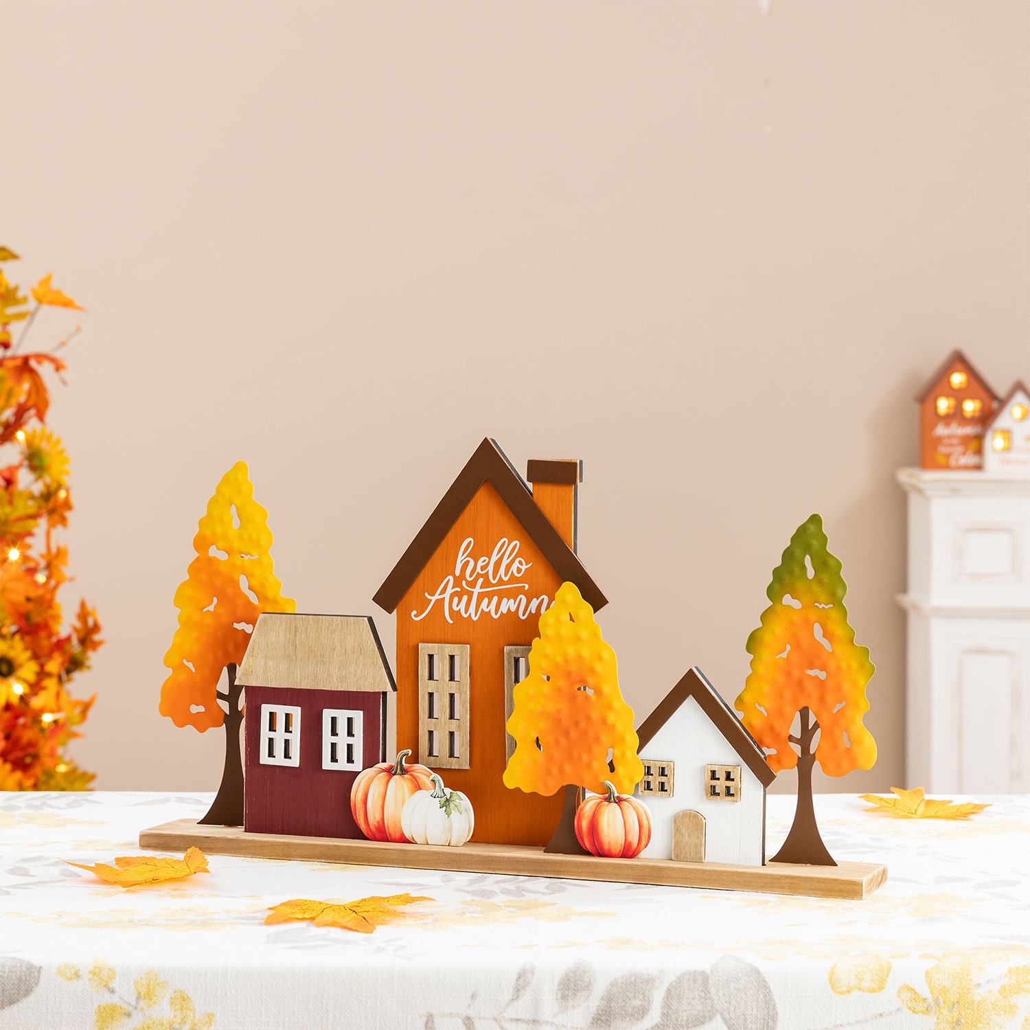 Glitzhome 18" Metal And Wood Village Thanksgiving Tabletop Decor