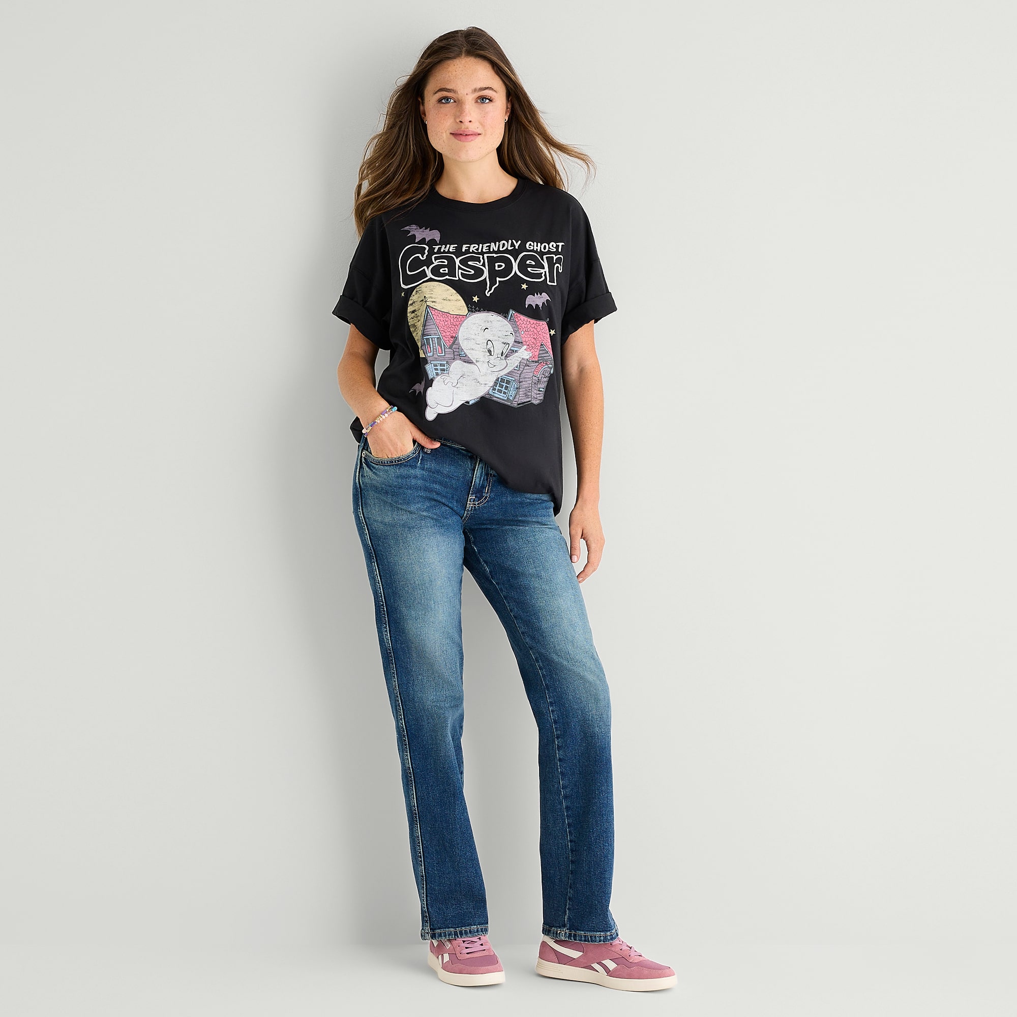 Casper Womens Juniors Crew Neck Short Sleeve Oversized Graphic T-Shirt