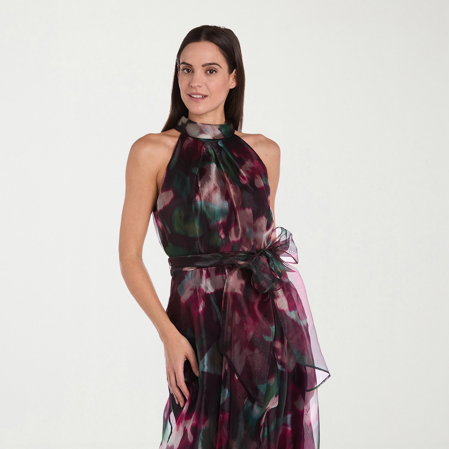 R & M Richards Womens High-Low Halter Neck Sleeveless Floral Evening Gown