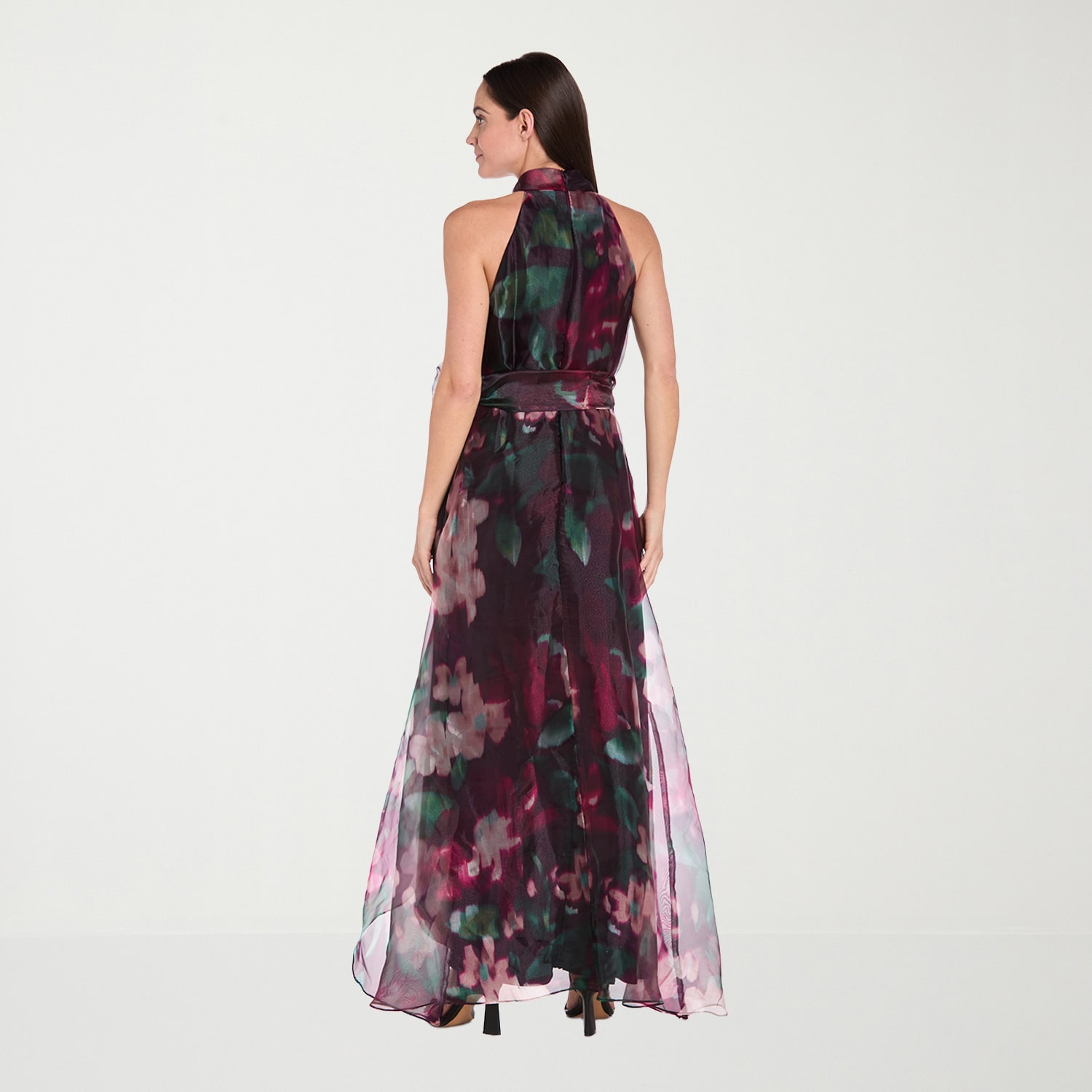 R & M Richards Womens High-Low Halter Neck Sleeveless Floral Evening Gown