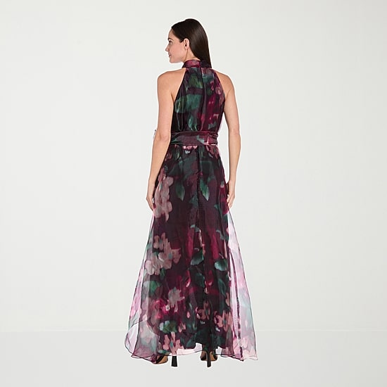 R & M Richards Womens High-Low Halter Neck Sleeveless Floral Evening Gown
