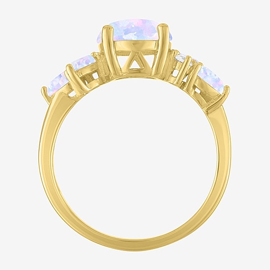 Womens Lab Created White Opal 14K Gold Over Silver Oval Side Stone Cocktail Ring