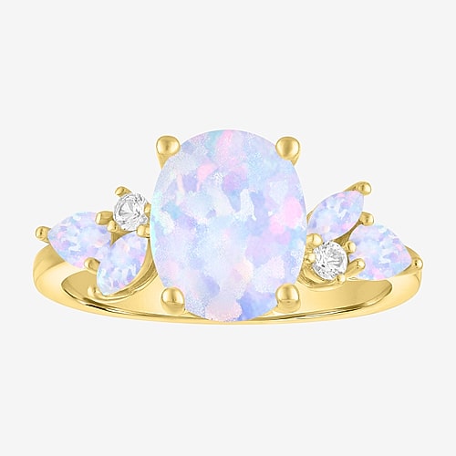 Womens Lab Created White Opal 14K Gold Over Silver Oval Side Stone Cocktail Ring, 6, White